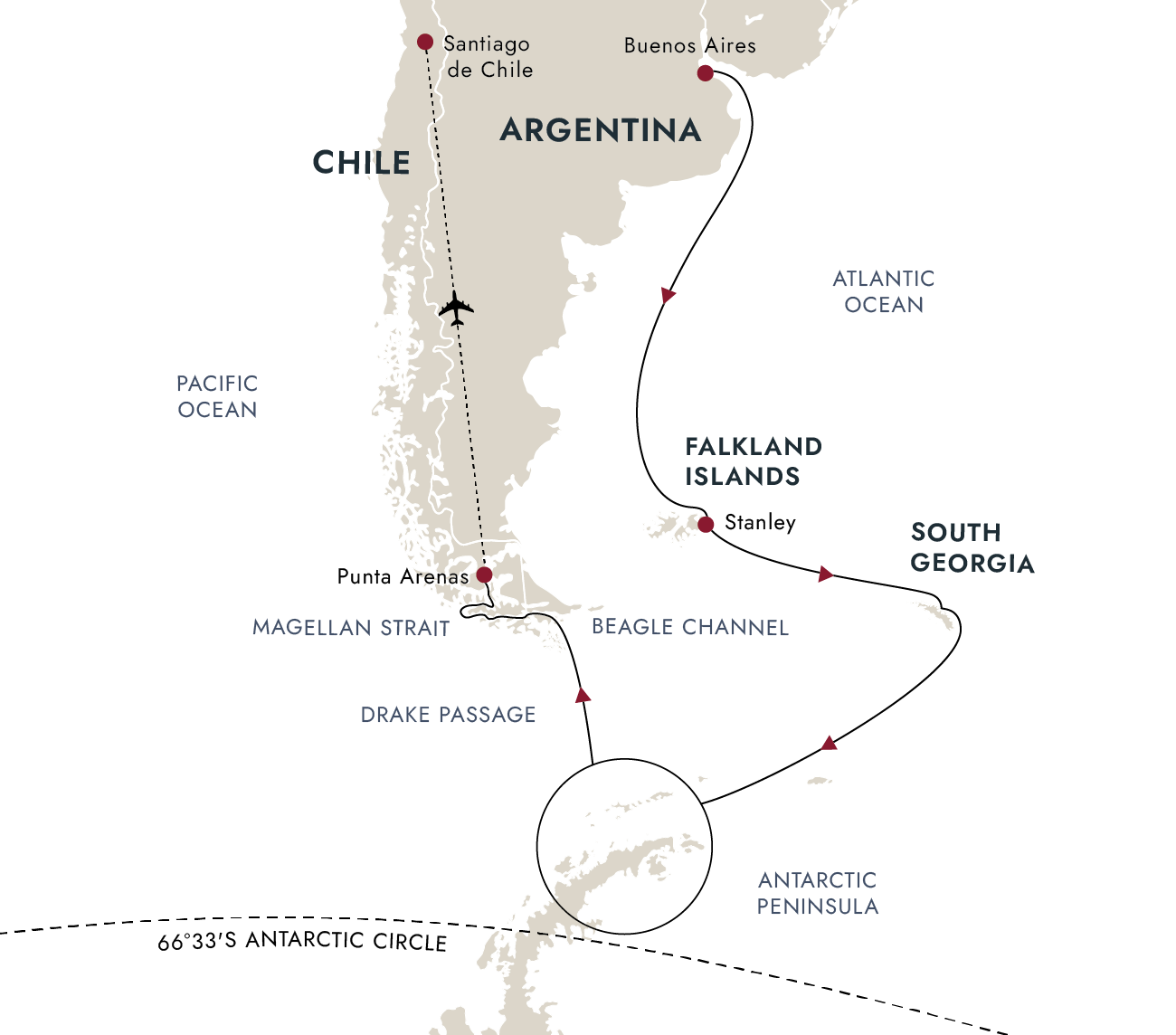 Mapa del itinerario polar desde Punta Arenas: ruta de crucero pasando por Estrecho de Magallanes, Islas Malvinas, Georgia del Sur y Península Antártica.