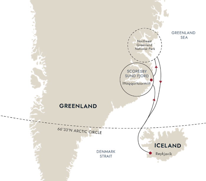 Mapa de ruta de crucero de expedición entre Islandia y el este de Groenlandia, incluyendo Scoresby Sund e Ittoqqortoormiit.